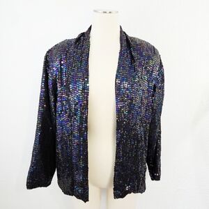 Vintage Rainbow Sequin Silk Jacket Black Iridescent Size Medium